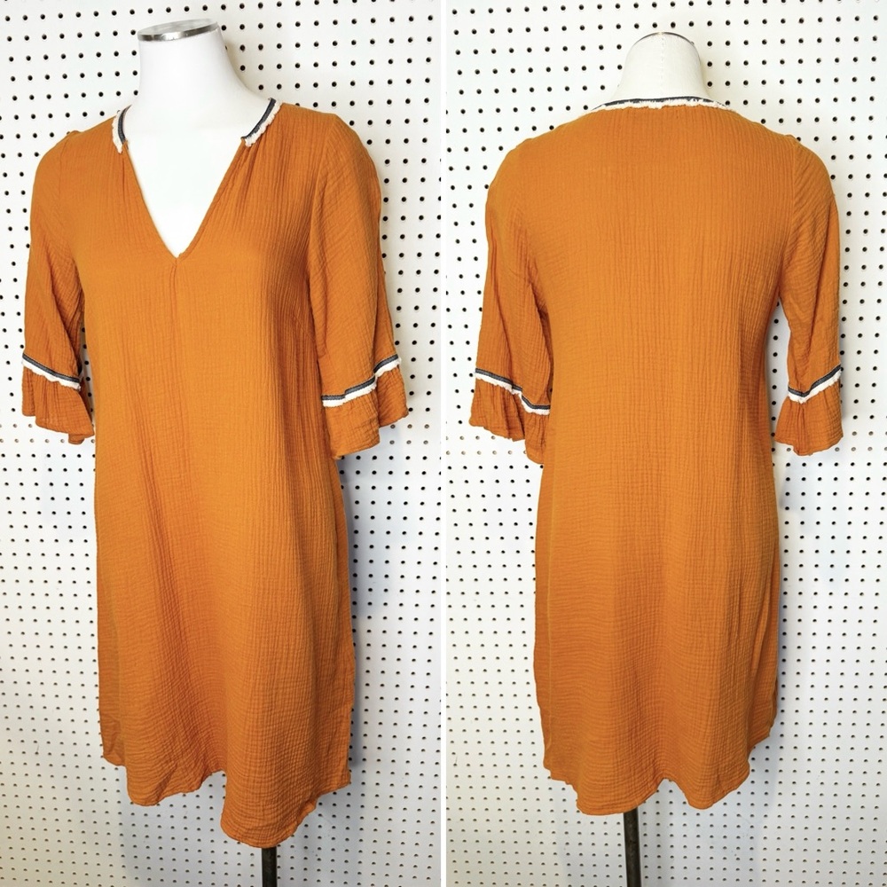 Acoté |‎ Orange Gauzy Cotton V-neck Shift Dress